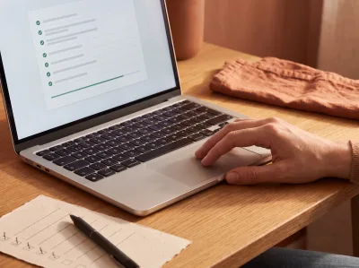 En hand på en laptop där en lista med uppdateringar bockas av