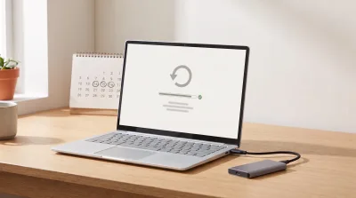 En laptop som visar en slutförd återställning, kopplad till en extern disk, med en kalender i bakgrunden
