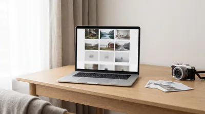 En laptop med en bildsida där de nedre bilderna fortfarande laddas, bredvid en kamera och några foton