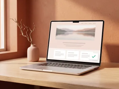 En laptop med en nyss uppdaterad webbsida och en bekräftelse med en grön bock