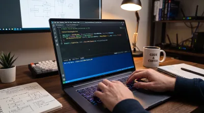 A laptop with a PowerShell script open in the editor