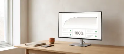 En skärm med en lugn övervakningsvy som visar 100 % drifttid, på ett ljust skrivbord