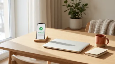 En mobil i ställ på ett skrivbord visar att webbplatsen fungerar, bredvid en stängd laptop i morgonljus