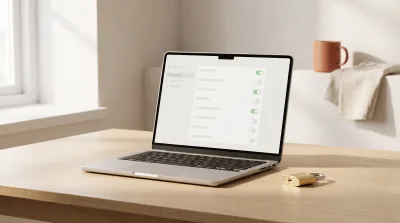 En laptop med en inställningssida full av reglage, bredvid ett hänglås i mässing